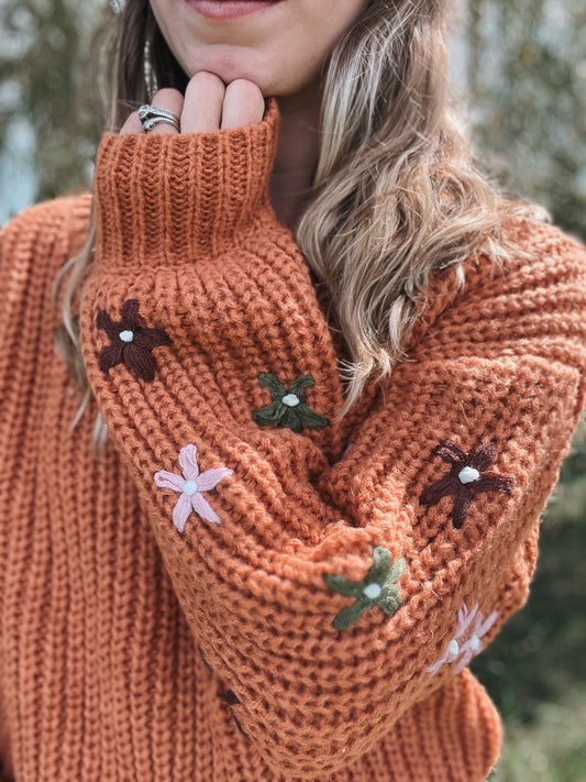 Floral Sleeve Rust Sweater