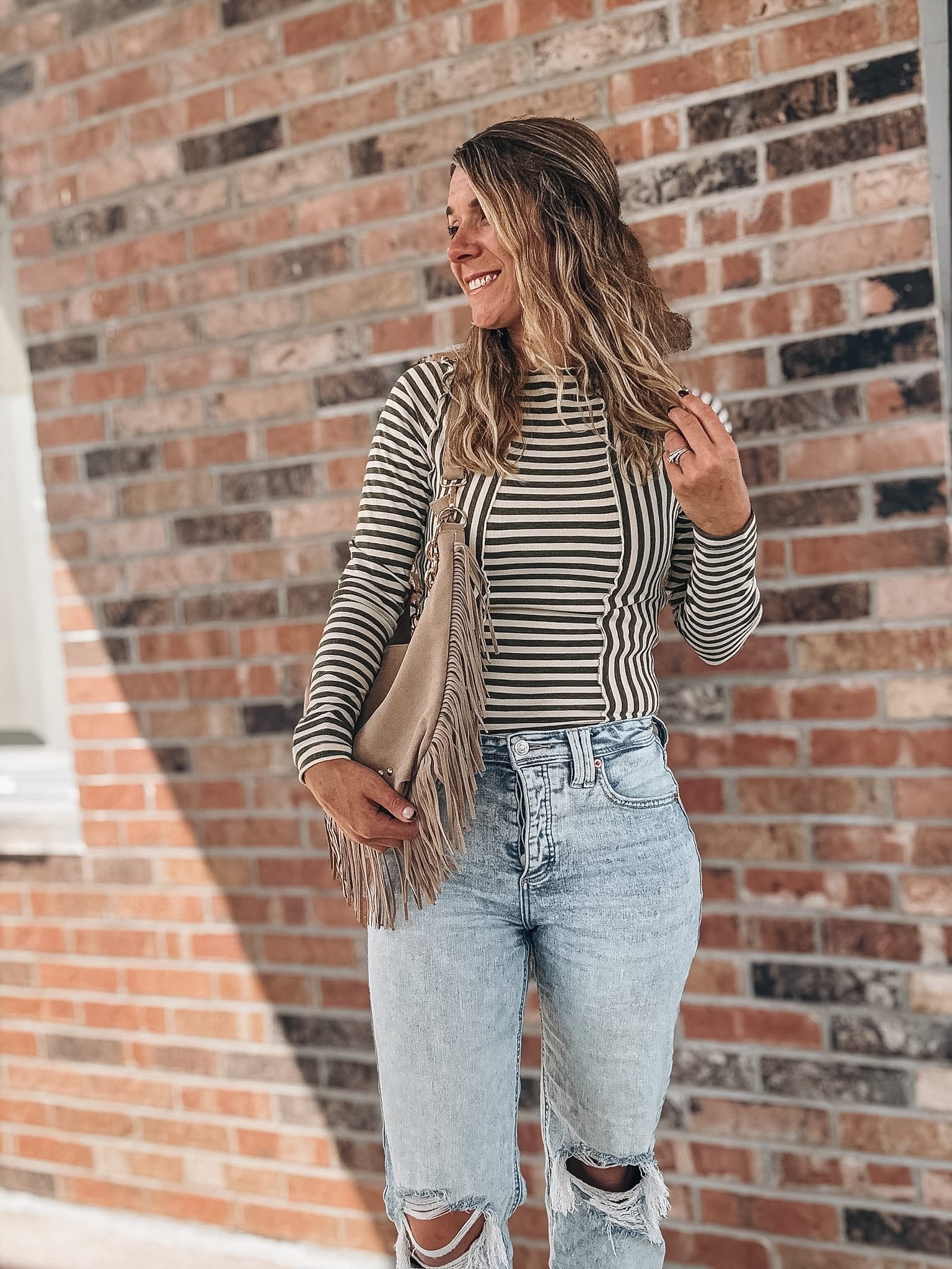 Women's Long Sleeve Top Easy Days Olive Striped Top Raising Brave Boutique