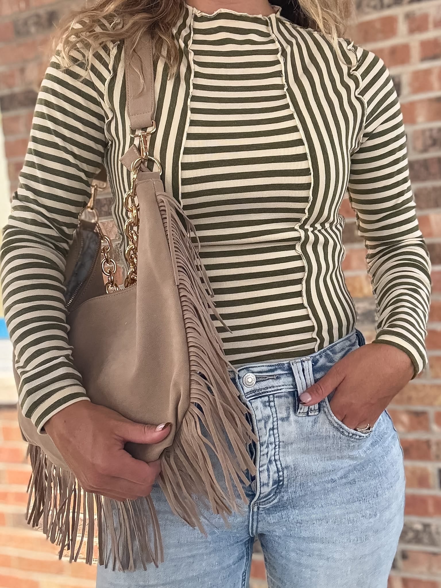 Women's Long Sleeve Top Easy Days Olive Striped Top Raising Brave Boutique