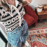 Boho Floral Button-Up Crochet Short Sleeve Top