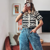 Boho Floral Button-Up Crochet Short Sleeve Top