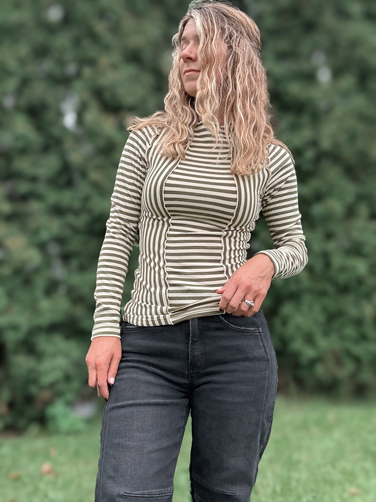 Women's Long Sleeve Top Easy Days Olive Striped Top Raising Brave Boutique