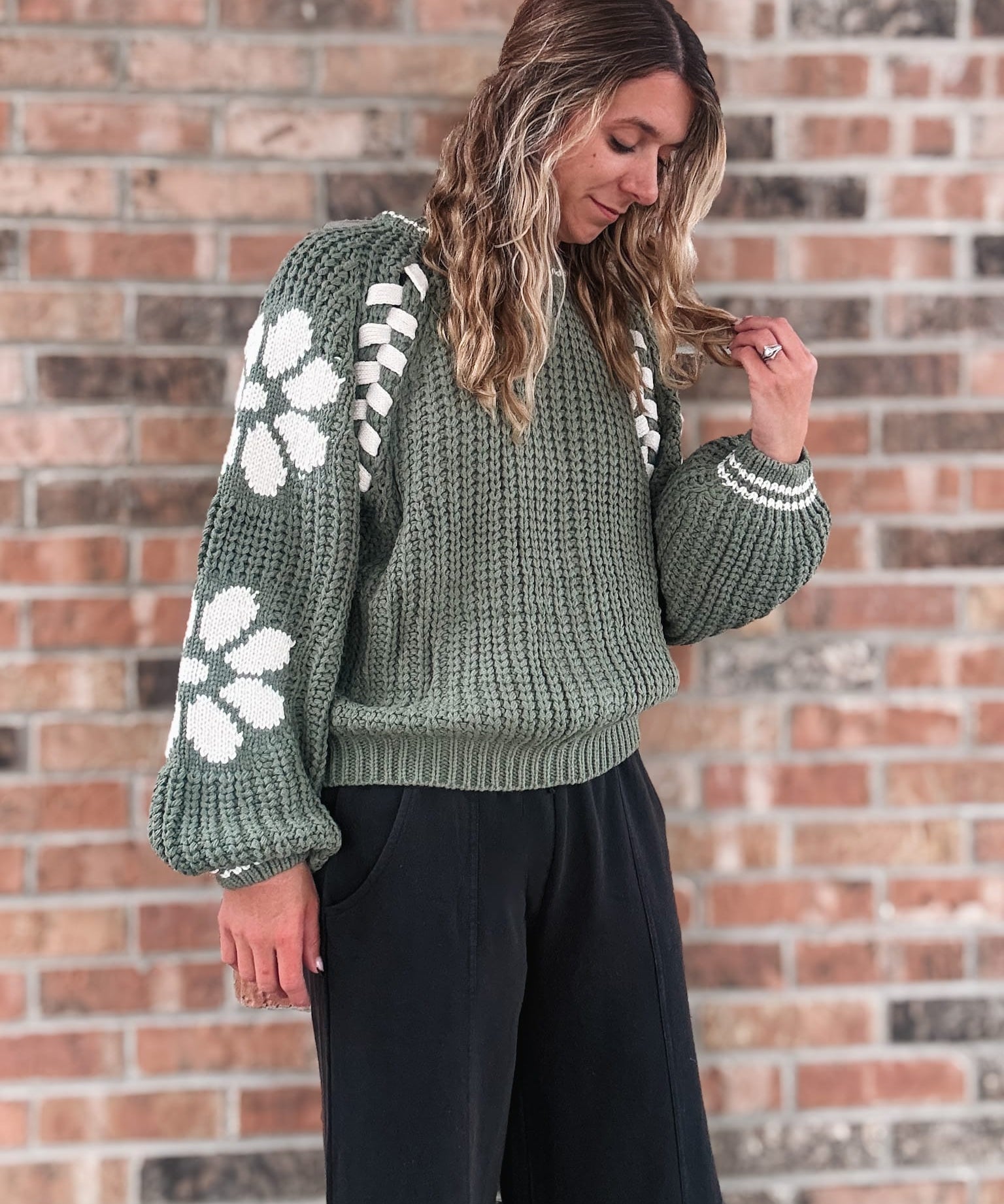 Sweaters Dolly Floral Green Sweater Raising Brave Boutique