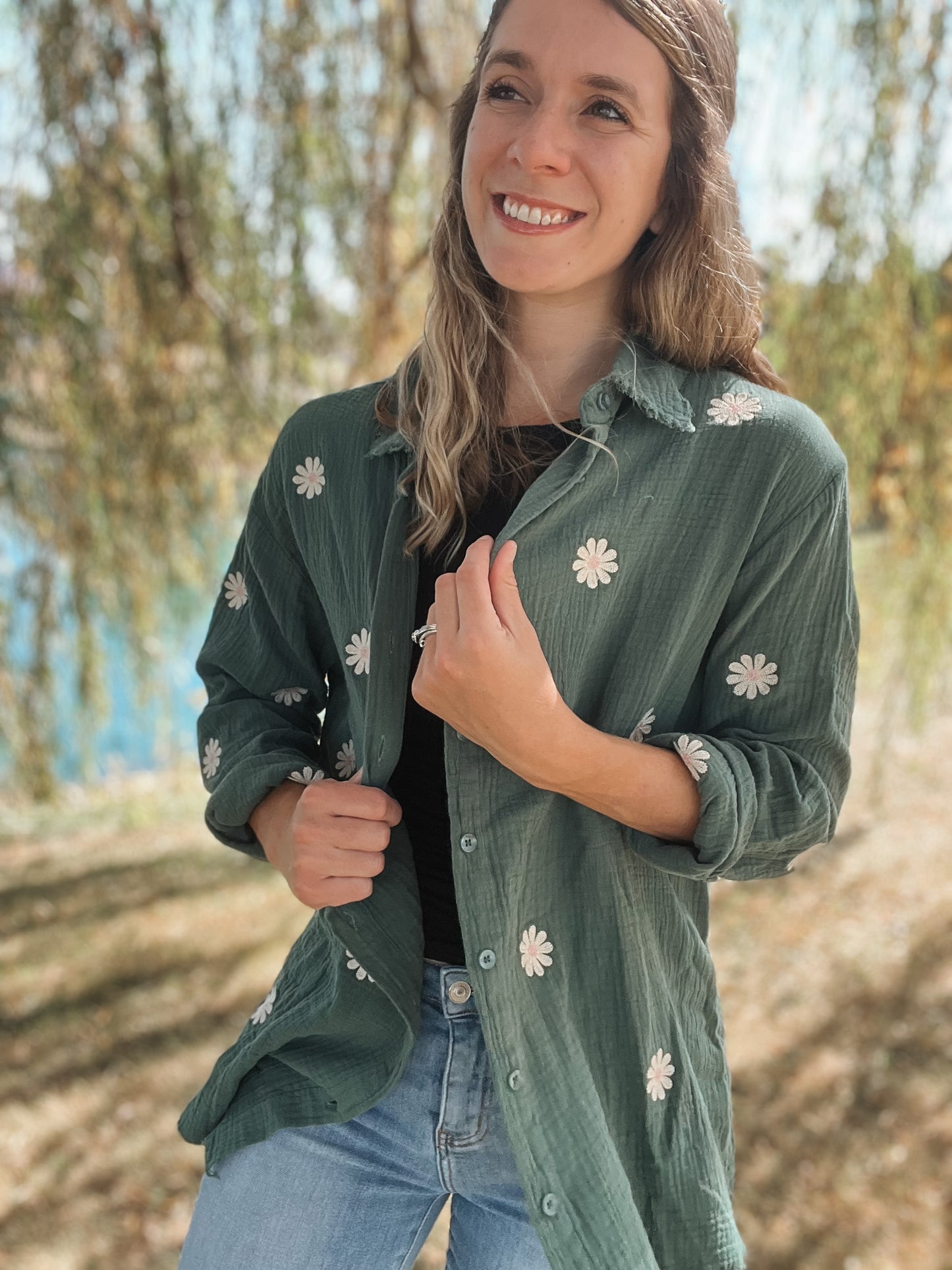 Embroidered Floral Button Top