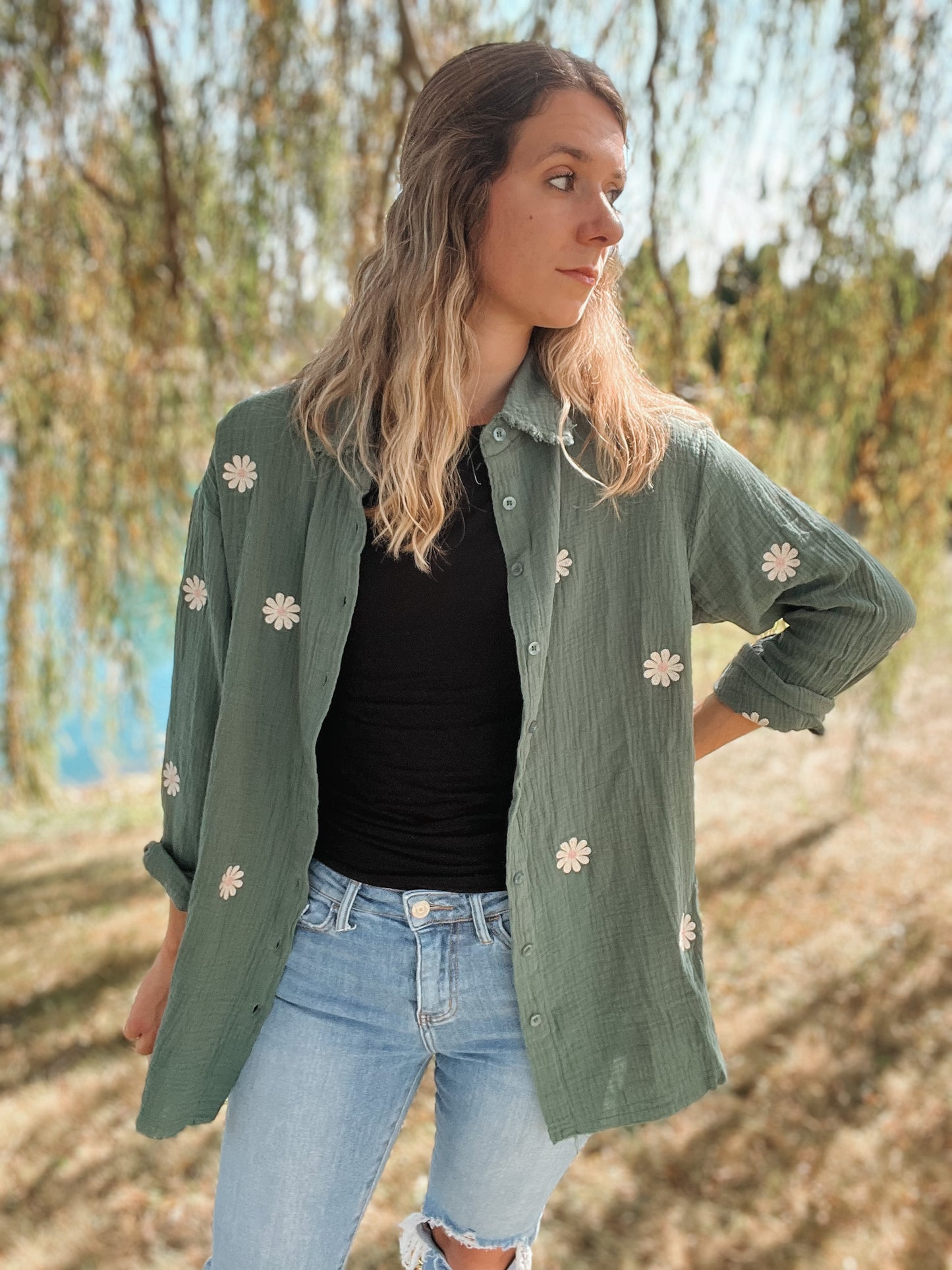 Embroidered Floral Button Top