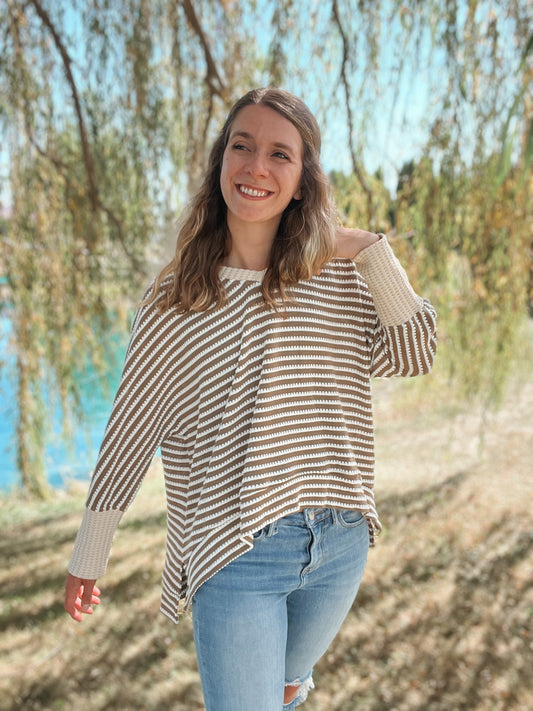 Textured Stripe V Neck Top