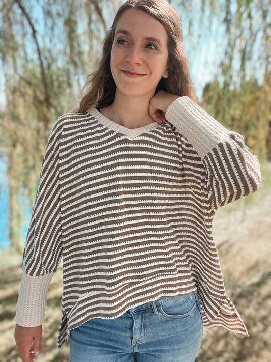 Textured Stripe V Neck Top