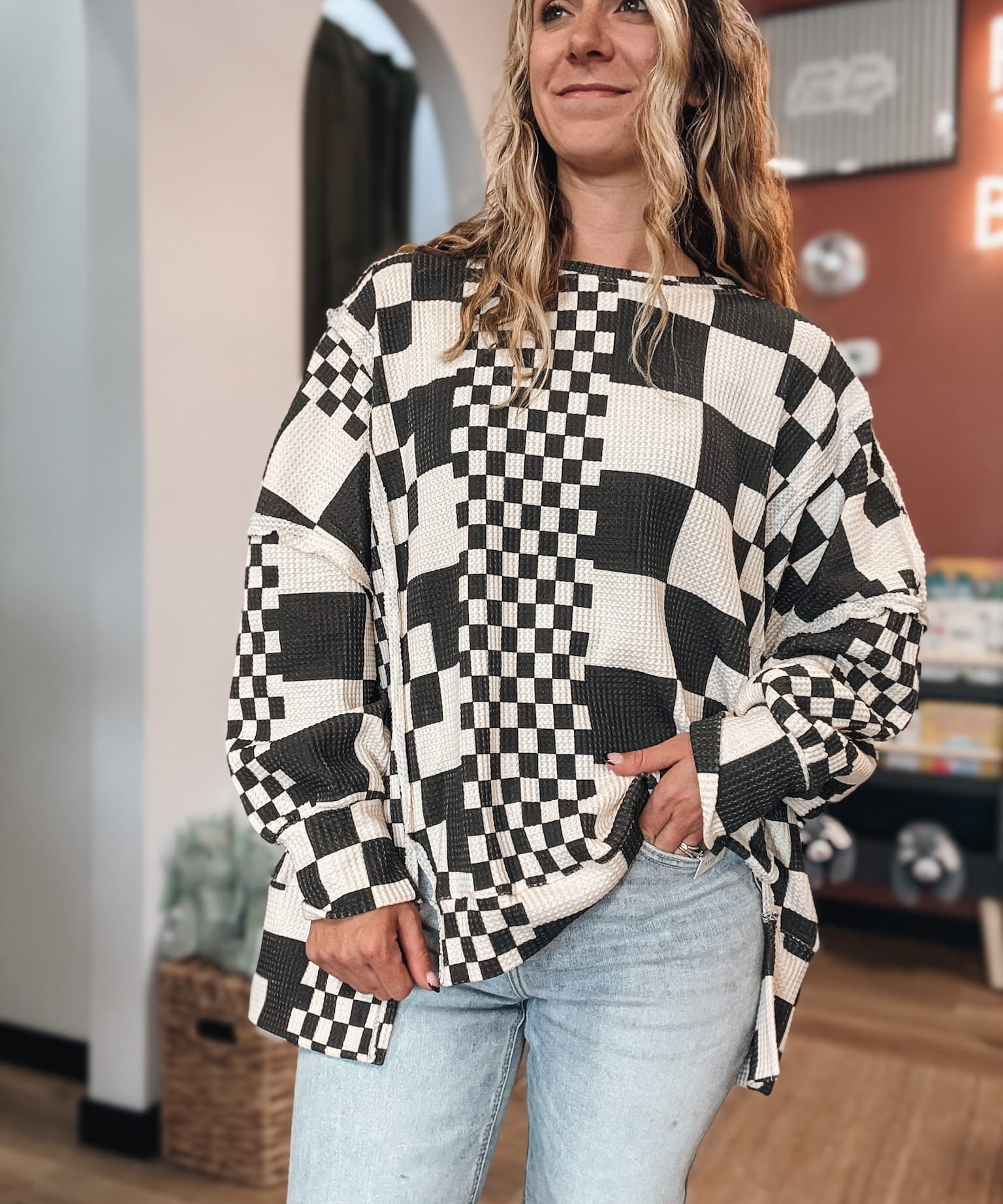 Checkered Days Oversized Waffle Knit Pullover Raising Brave Boutique