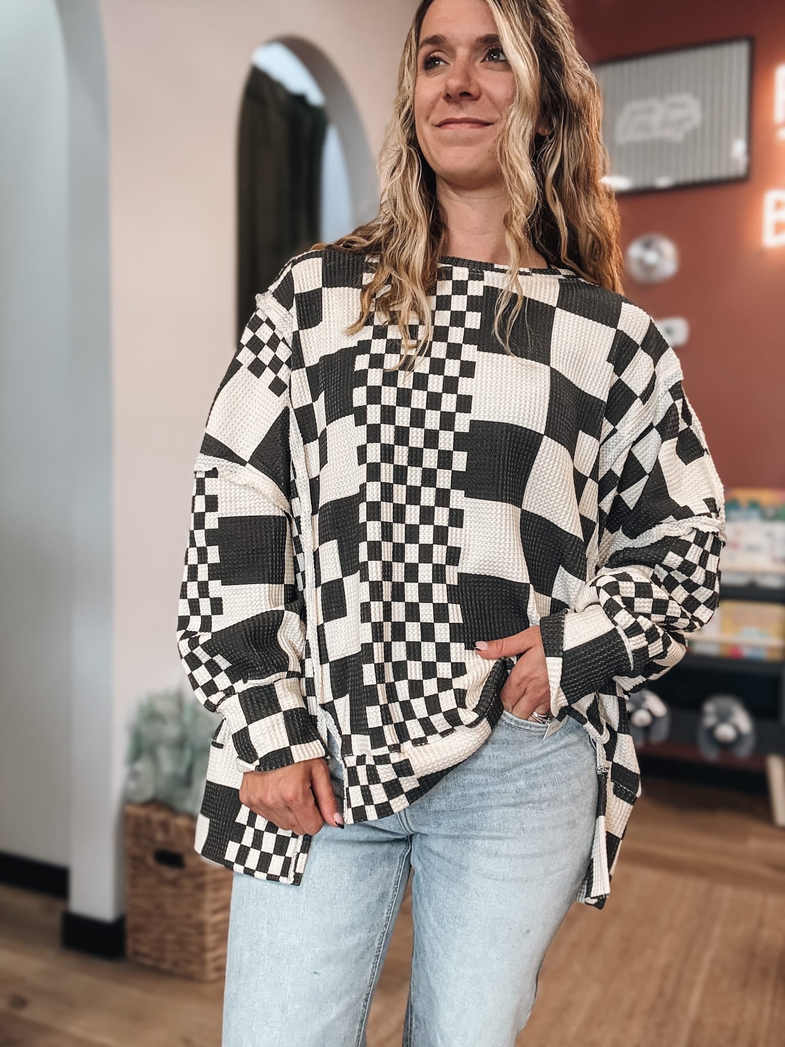 Checkered Days Oversized Waffle Knit Pullover Raising Brave Boutique