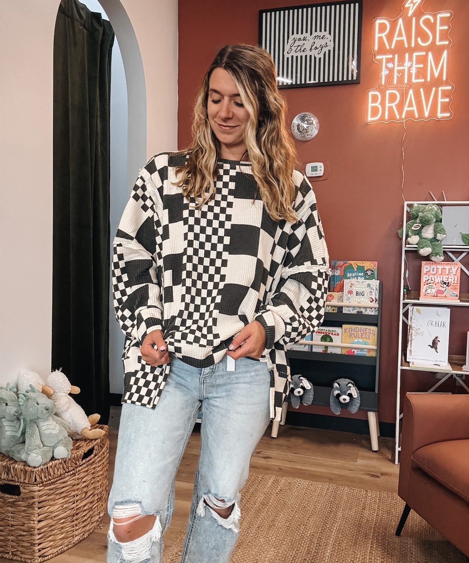 Checkered Days Oversized Waffle Knit Pullover Raising Brave Boutique