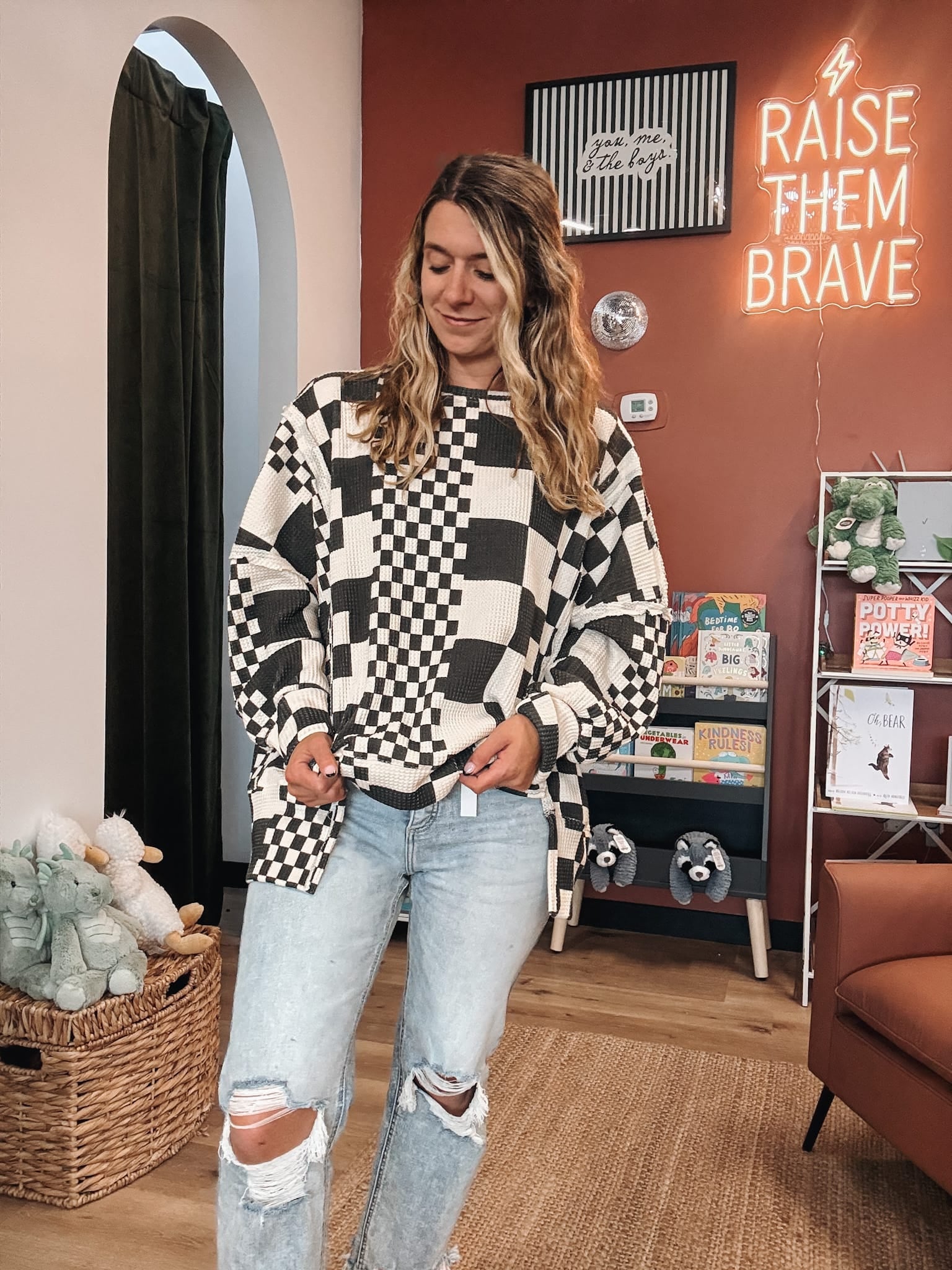 Checkered Days Oversized Waffle Knit Pullover Raising Brave Boutique