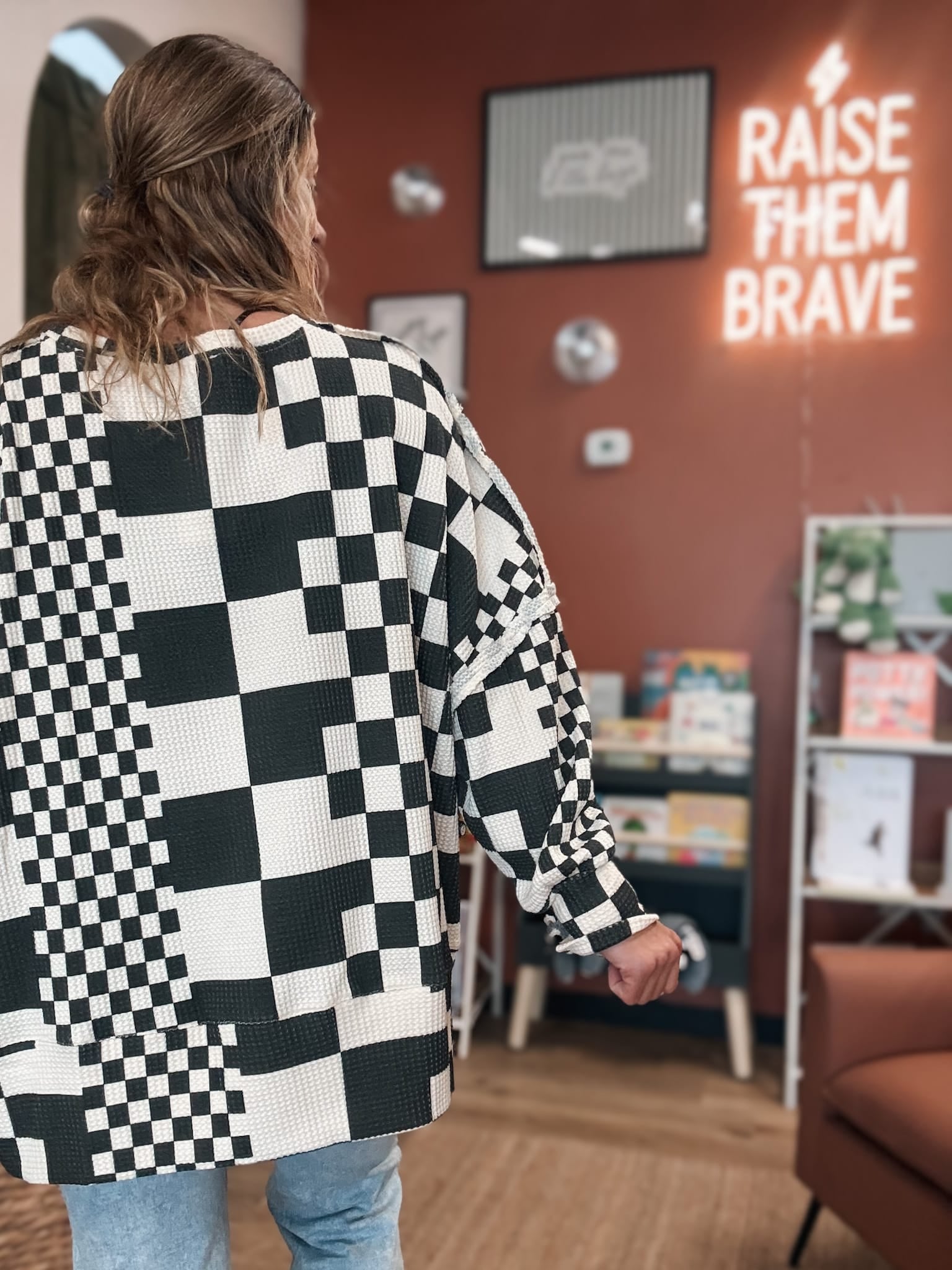 Checkered Days Oversized Waffle Knit Pullover Raising Brave Boutique