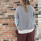 Frayed Denim Sleeve Mixed Media Sweater