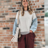 Frayed Denim Sleeve Mixed Media Sweater
