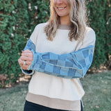 Checkered Denim Sleeve Sweater