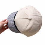 Beige cap with pink buttons held by a hand on a white background