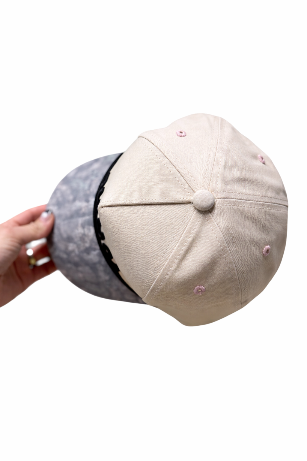 Beige cap with pink buttons held by a hand on a white background