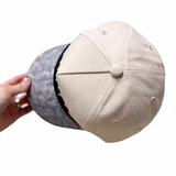 Beige cap with pink buttons held by a hand on a white background