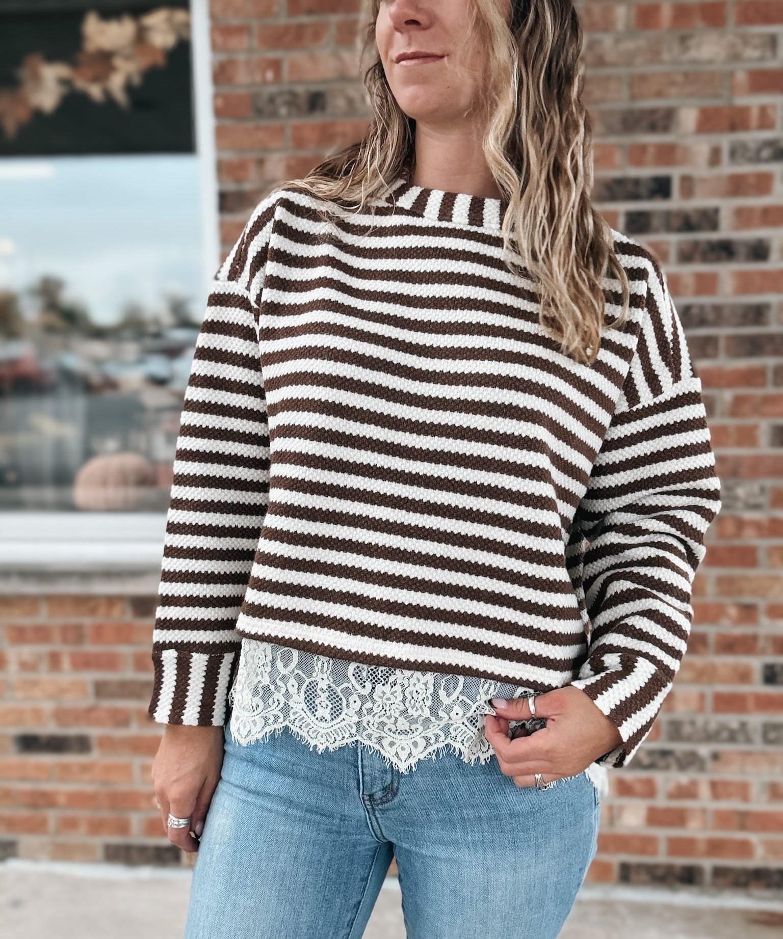 Women's Long Sleeve Top Boho Stripe Lace-Trim Knit Sweater Raising Brave Boutique