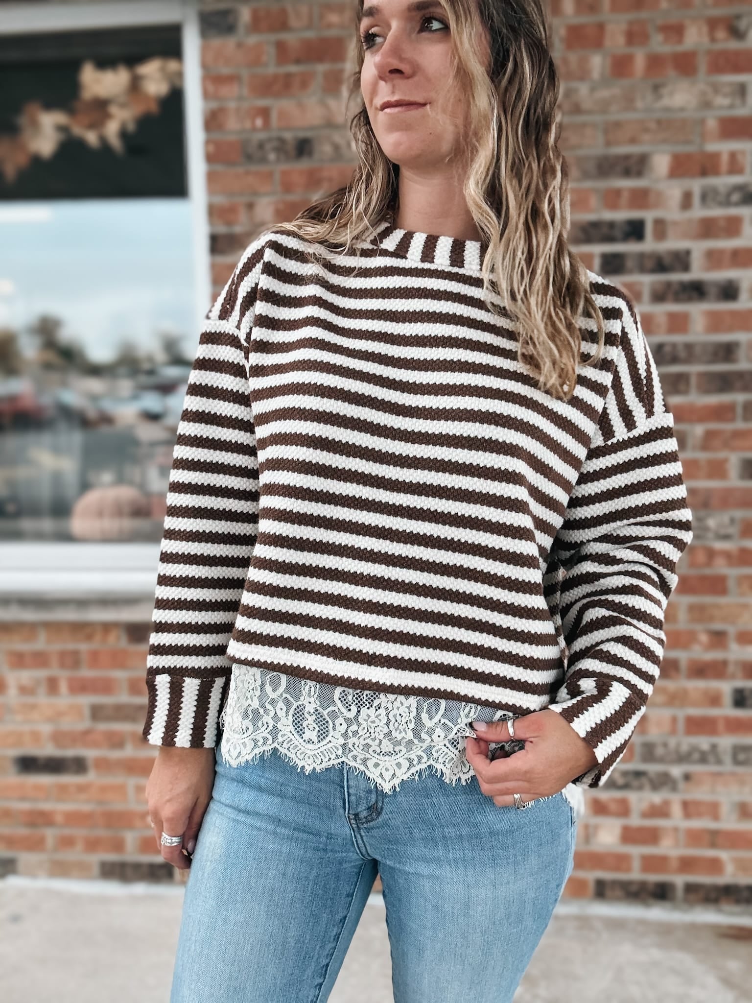 Women's Long Sleeve Top Boho Stripe Lace-Trim Knit Sweater Raising Brave Boutique