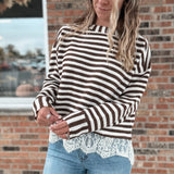 Women's Long Sleeve Top Boho Stripe Lace-Trim Knit Sweater Raising Brave Boutique