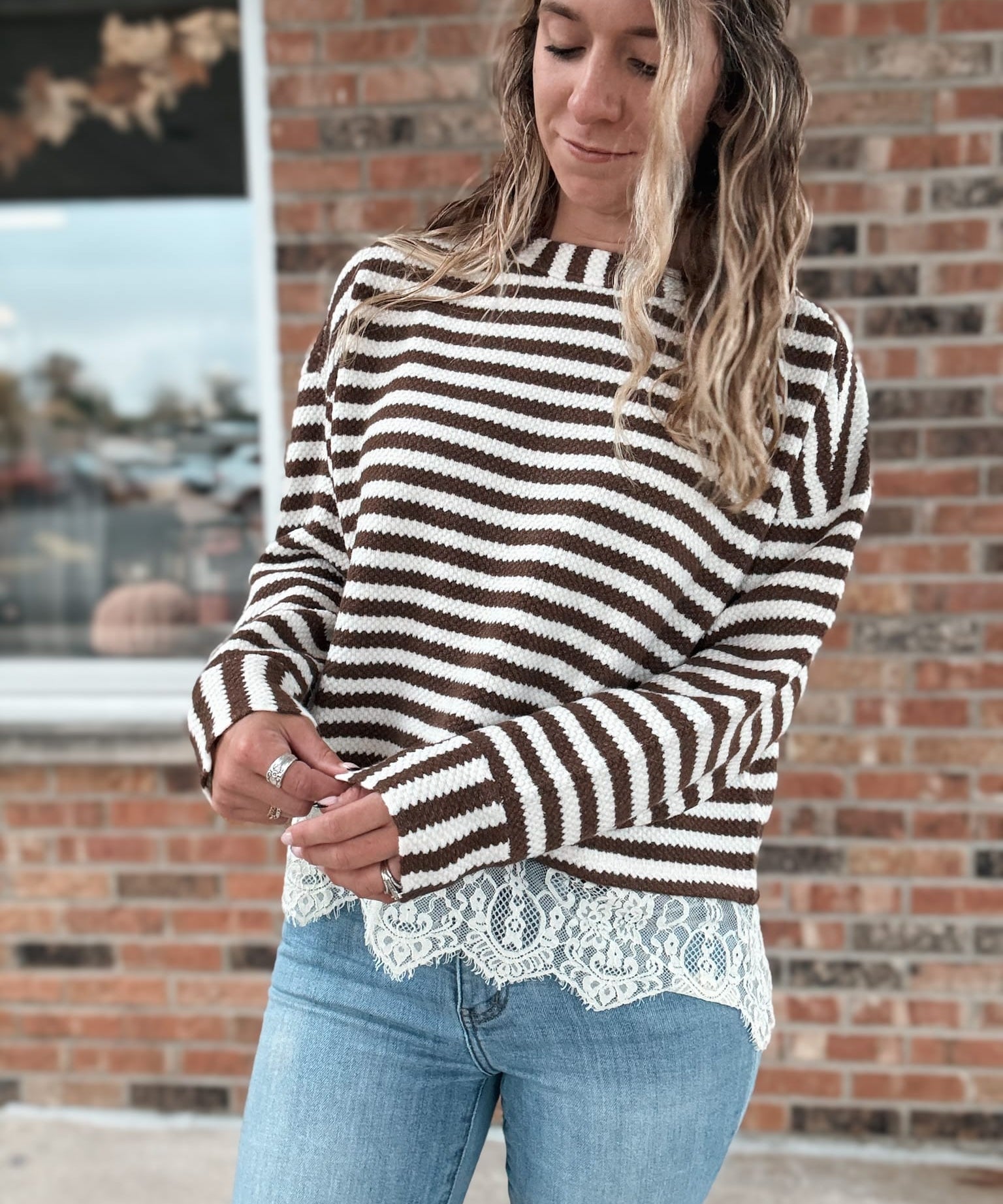 Women's Long Sleeve Top Boho Stripe Lace-Trim Knit Sweater Raising Brave Boutique