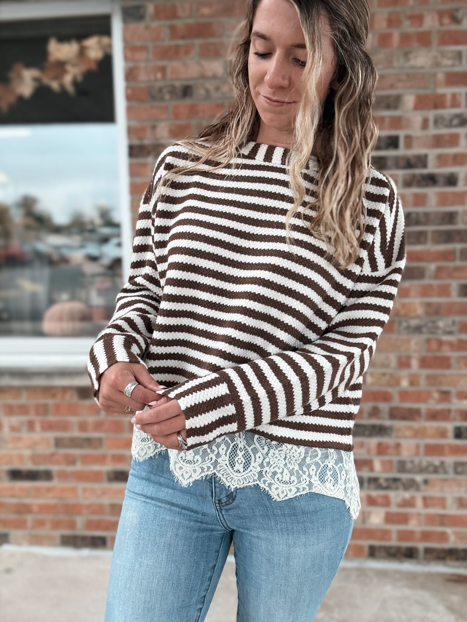 Women's Long Sleeve Top Boho Stripe Lace-Trim Knit Sweater Raising Brave Boutique