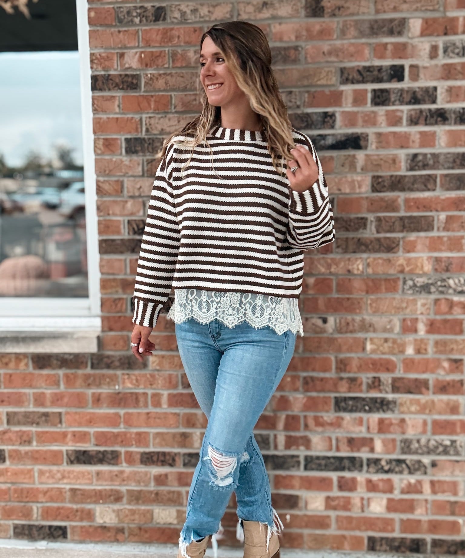 Women's Long Sleeve Top Boho Stripe Lace-Trim Knit Sweater Raising Brave Boutique