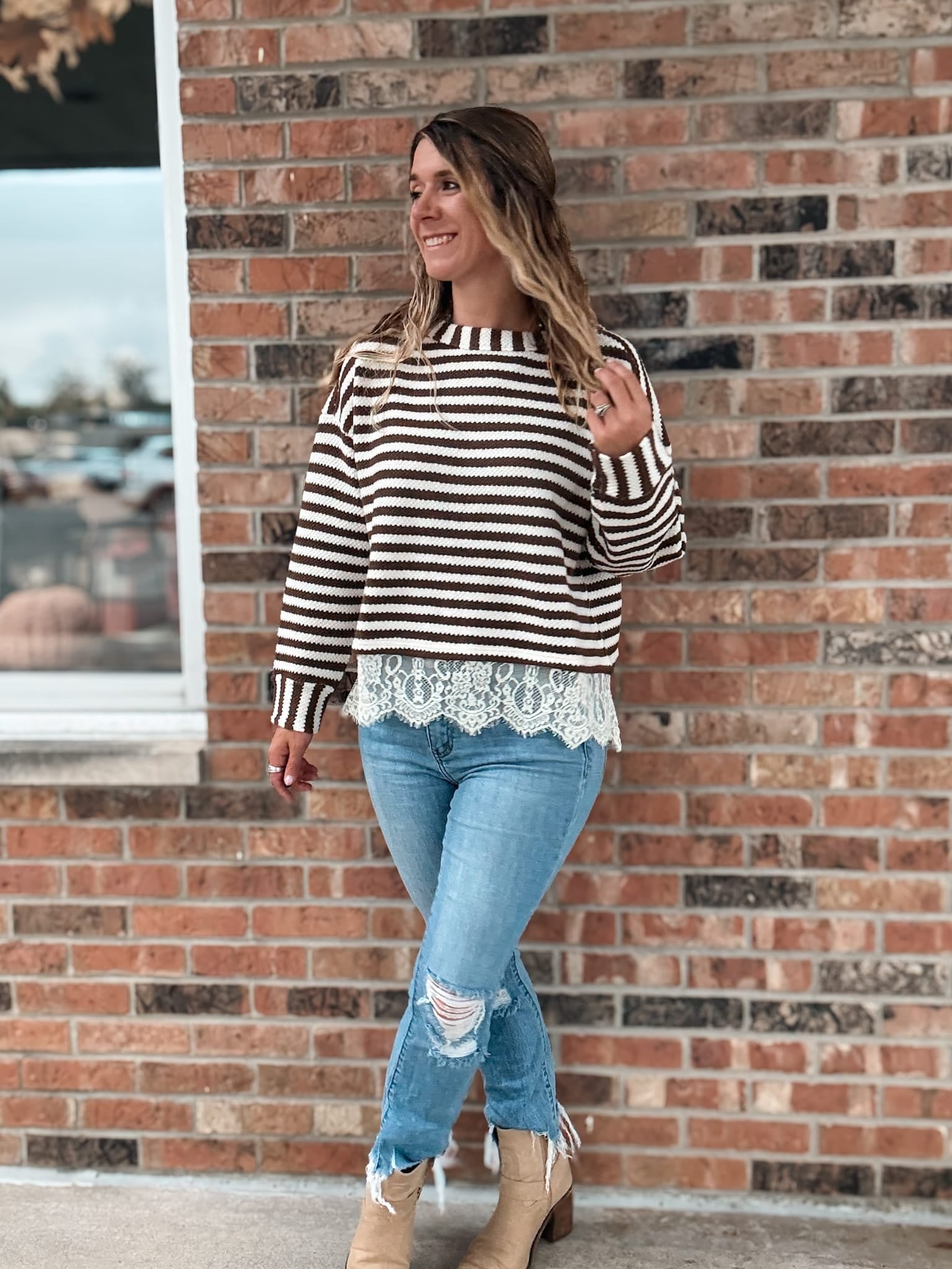 Women's Long Sleeve Top Boho Stripe Lace-Trim Knit Sweater Raising Brave Boutique