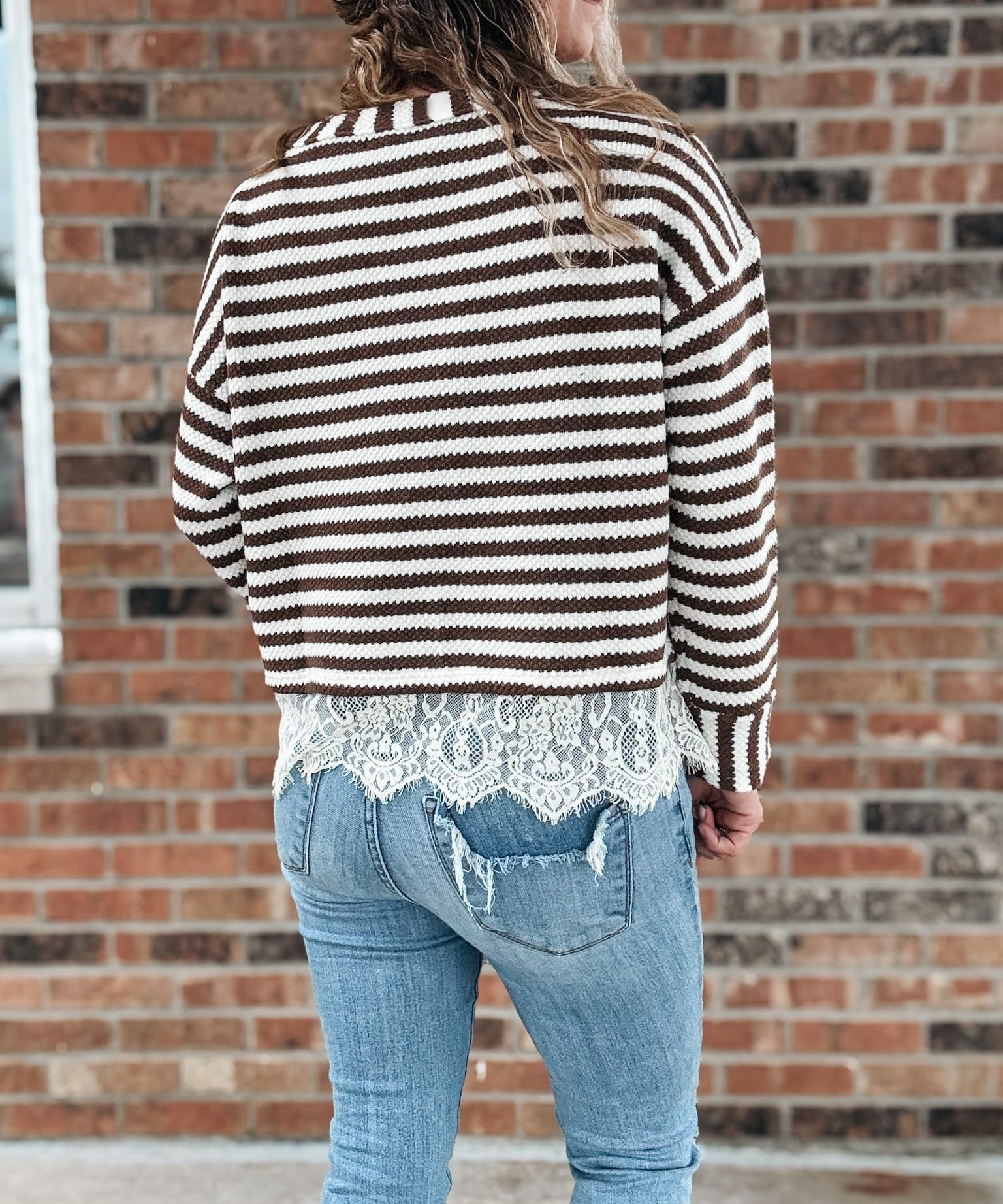 Women's Long Sleeve Top Boho Stripe Lace-Trim Knit Sweater Raising Brave Boutique