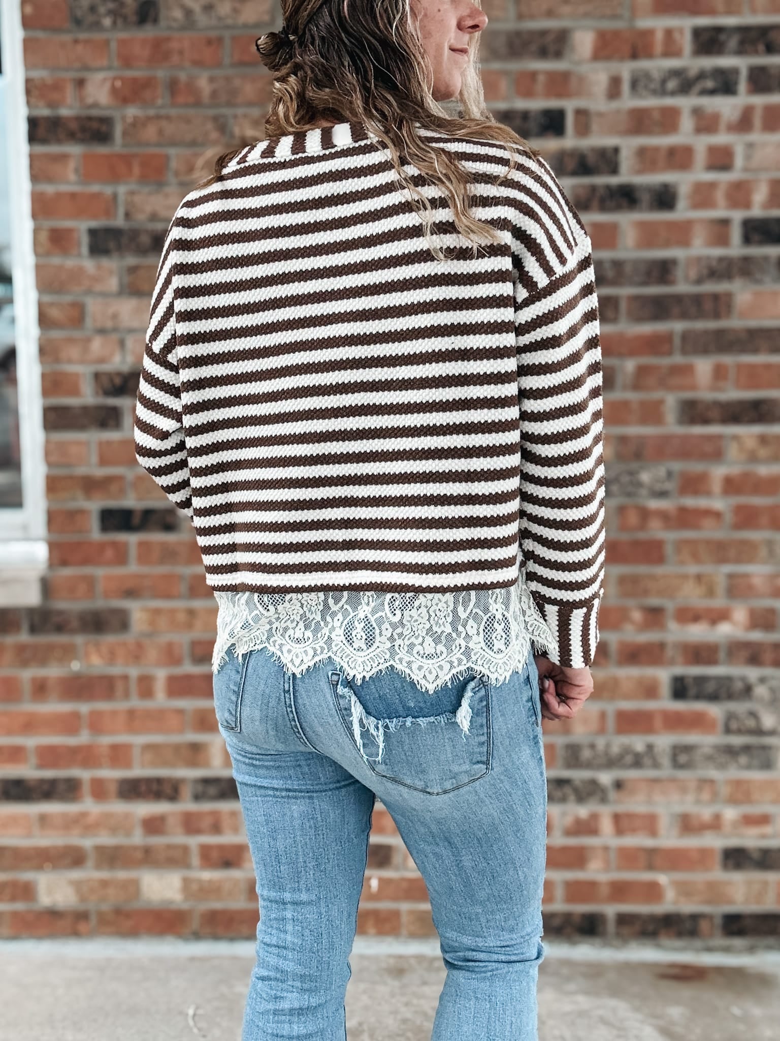 Women's Long Sleeve Top Boho Stripe Lace-Trim Knit Sweater Raising Brave Boutique