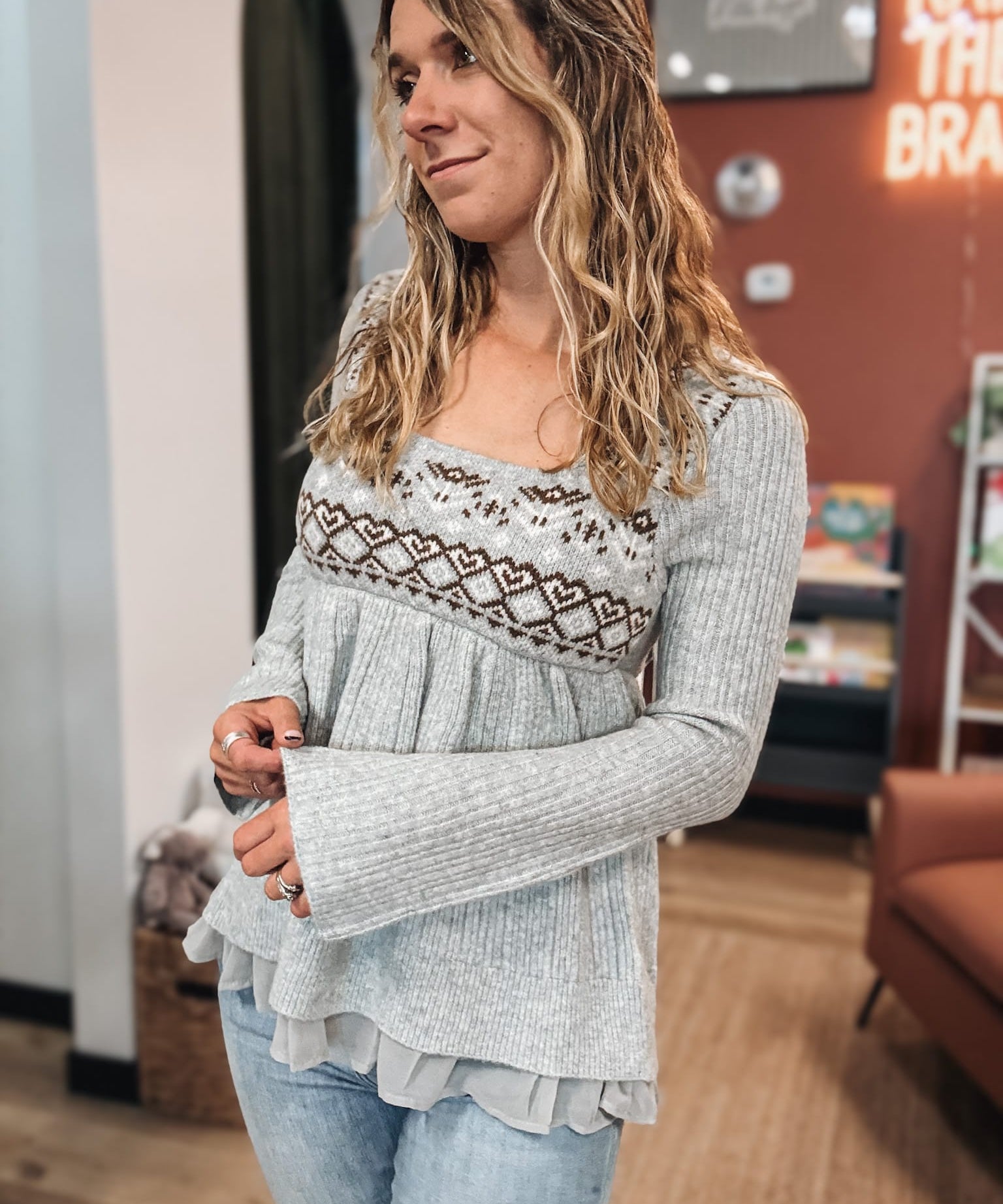 Fair Isle Print Babydoll Sweater Raising Brave Boutique