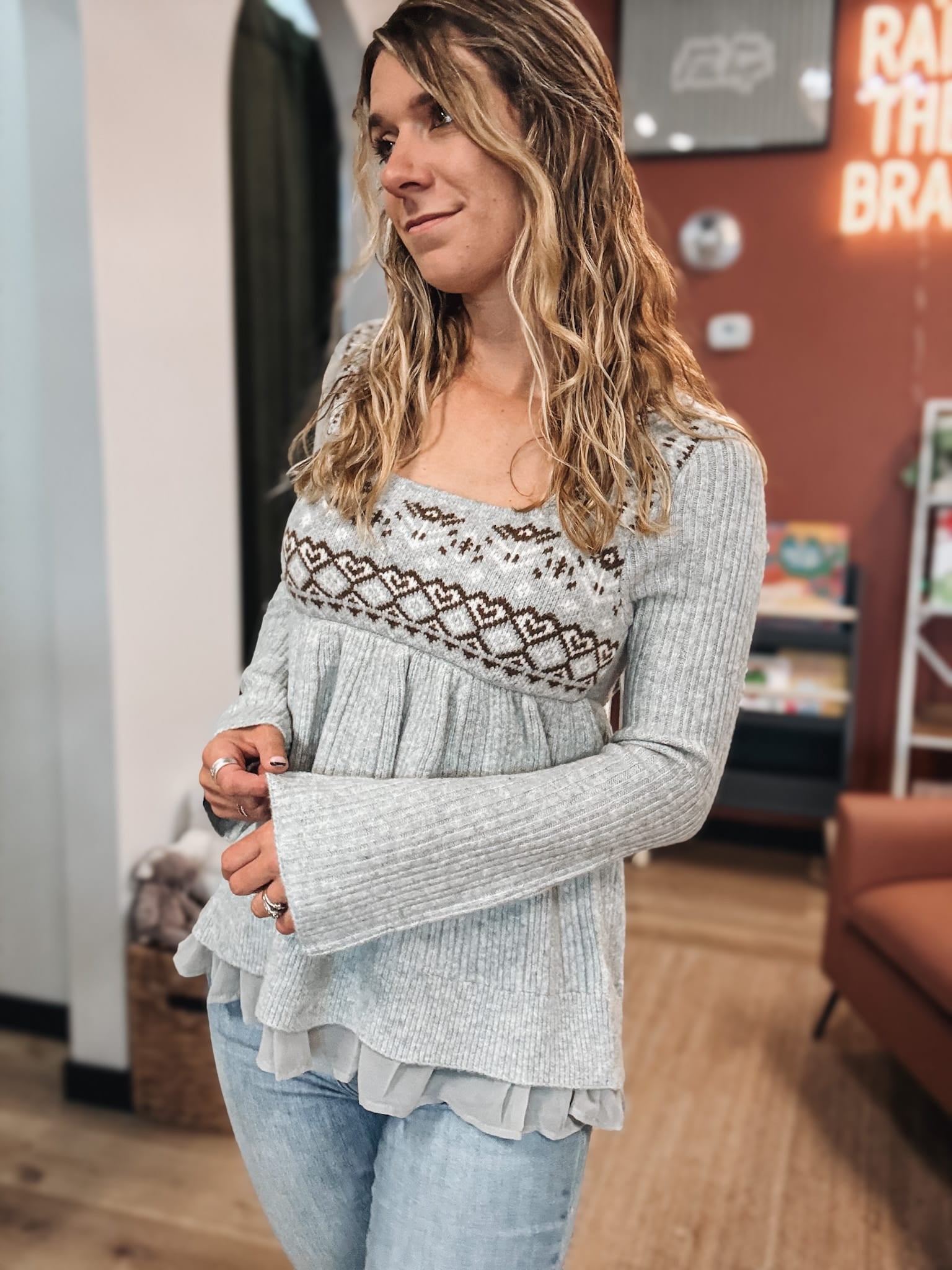 Fair Isle Print Babydoll Sweater Raising Brave Boutique