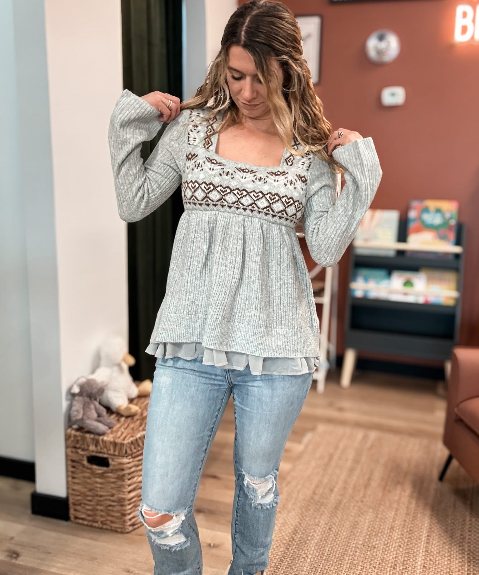 Fair Isle Print Babydoll Sweater Raising Brave Boutique
