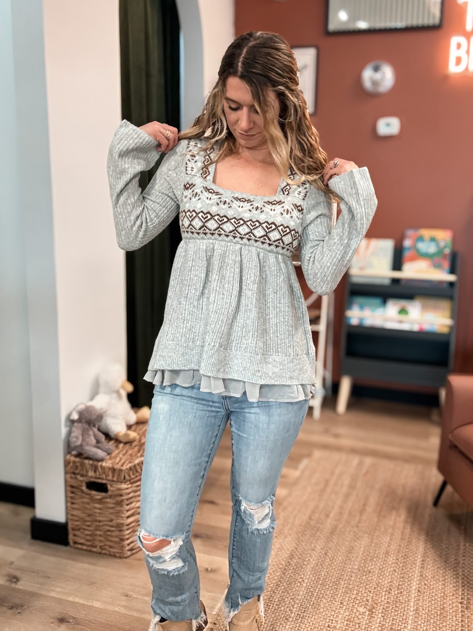Fair Isle Print Babydoll Sweater Raising Brave Boutique