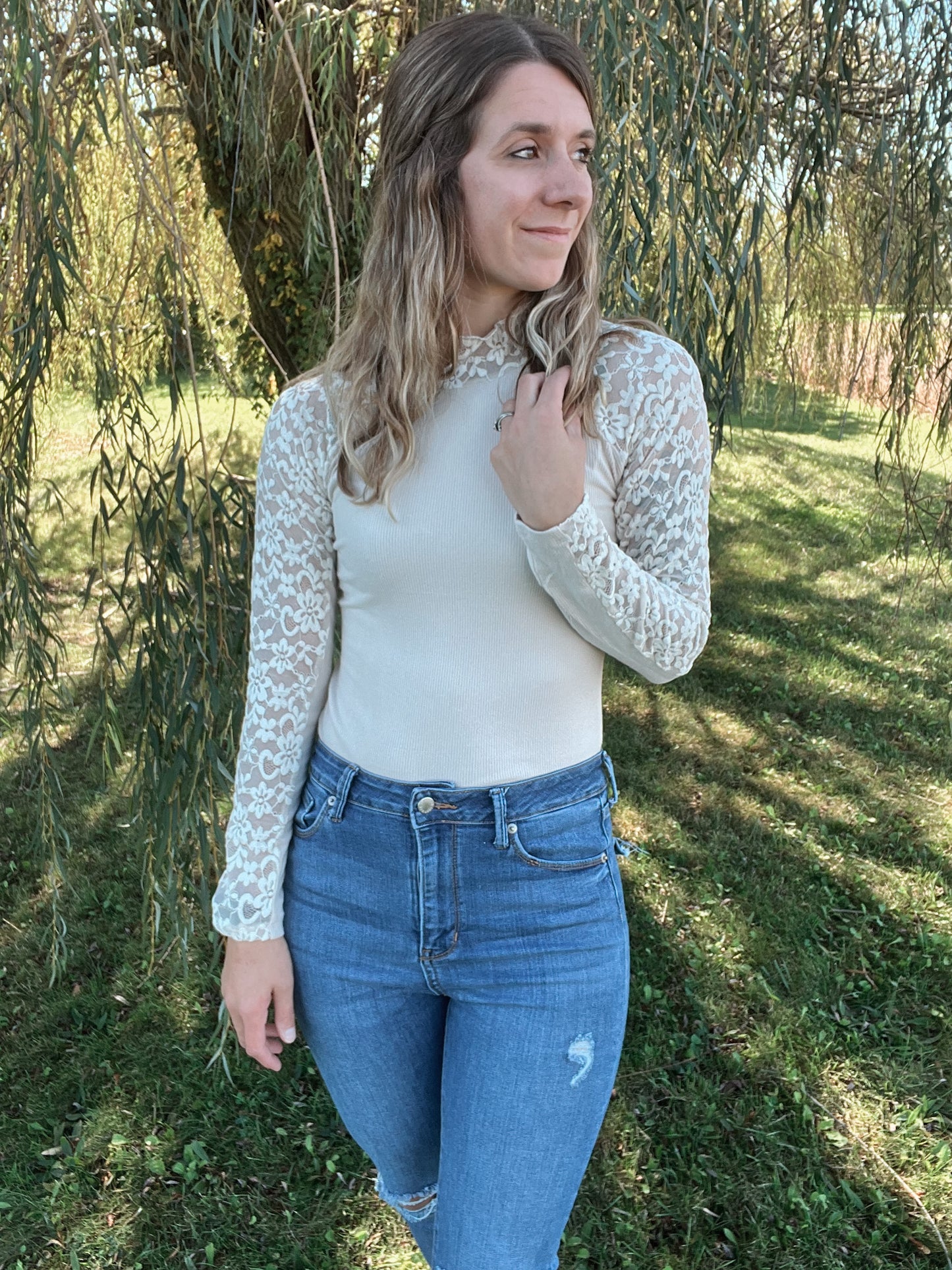 Mockneck Lace Top