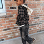 Kid Flannel Dark Plaid Hooded Button Up Shirt Raising Brave Boutique