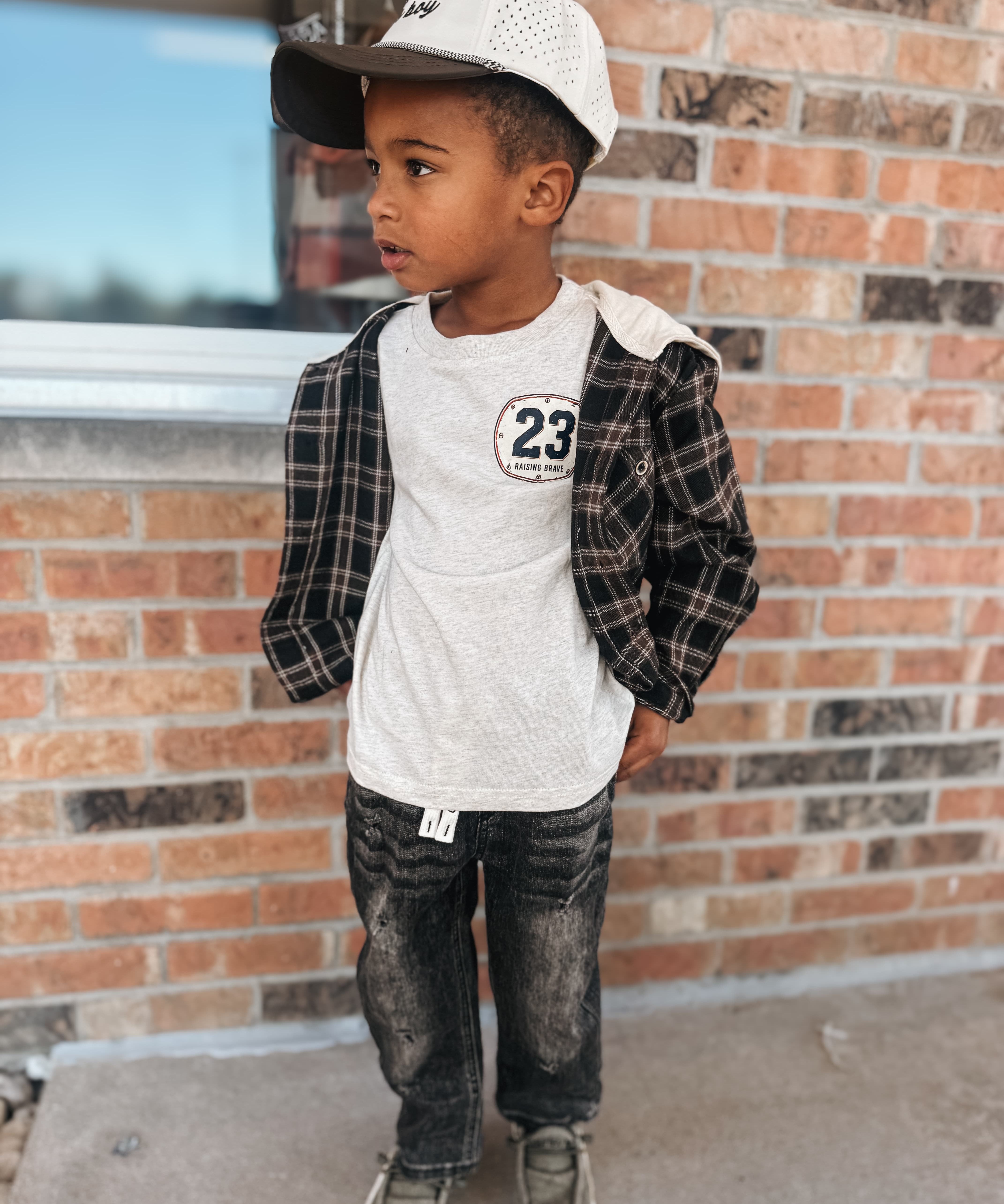 Kid Flannel Dark Plaid Hooded Button Up Shirt Raising Brave Boutique