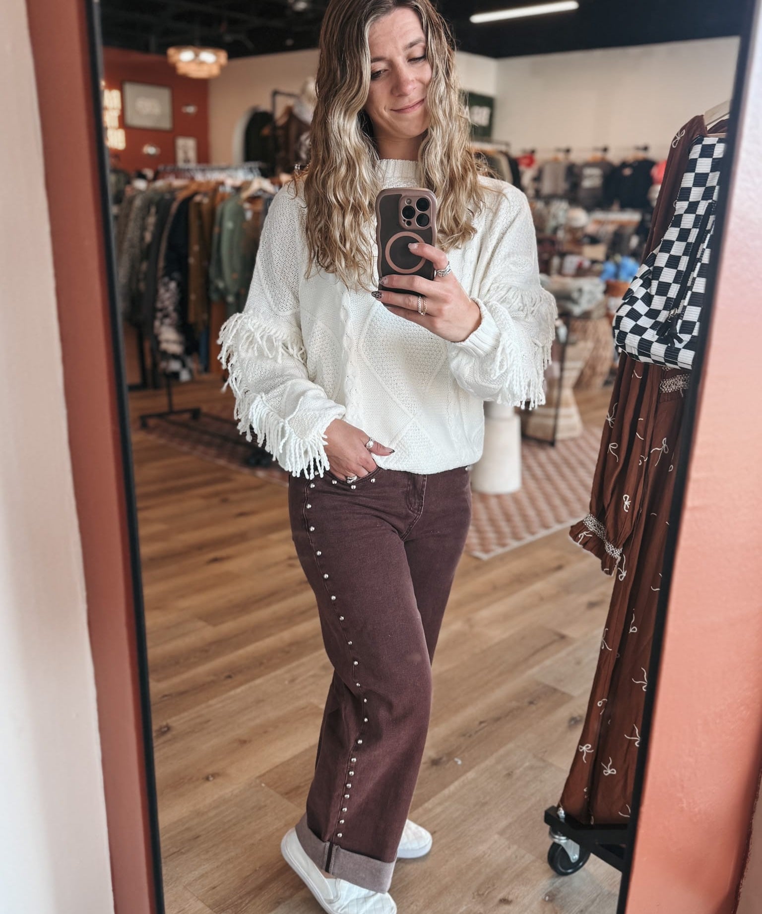 Denim Espresso Studded High Waisted Jeans Raising Brave Boutique