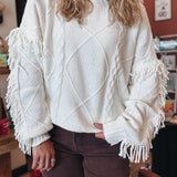 Sweaters Fringe Detail Mixed-Knit Cable Sweater Raising Brave Boutique