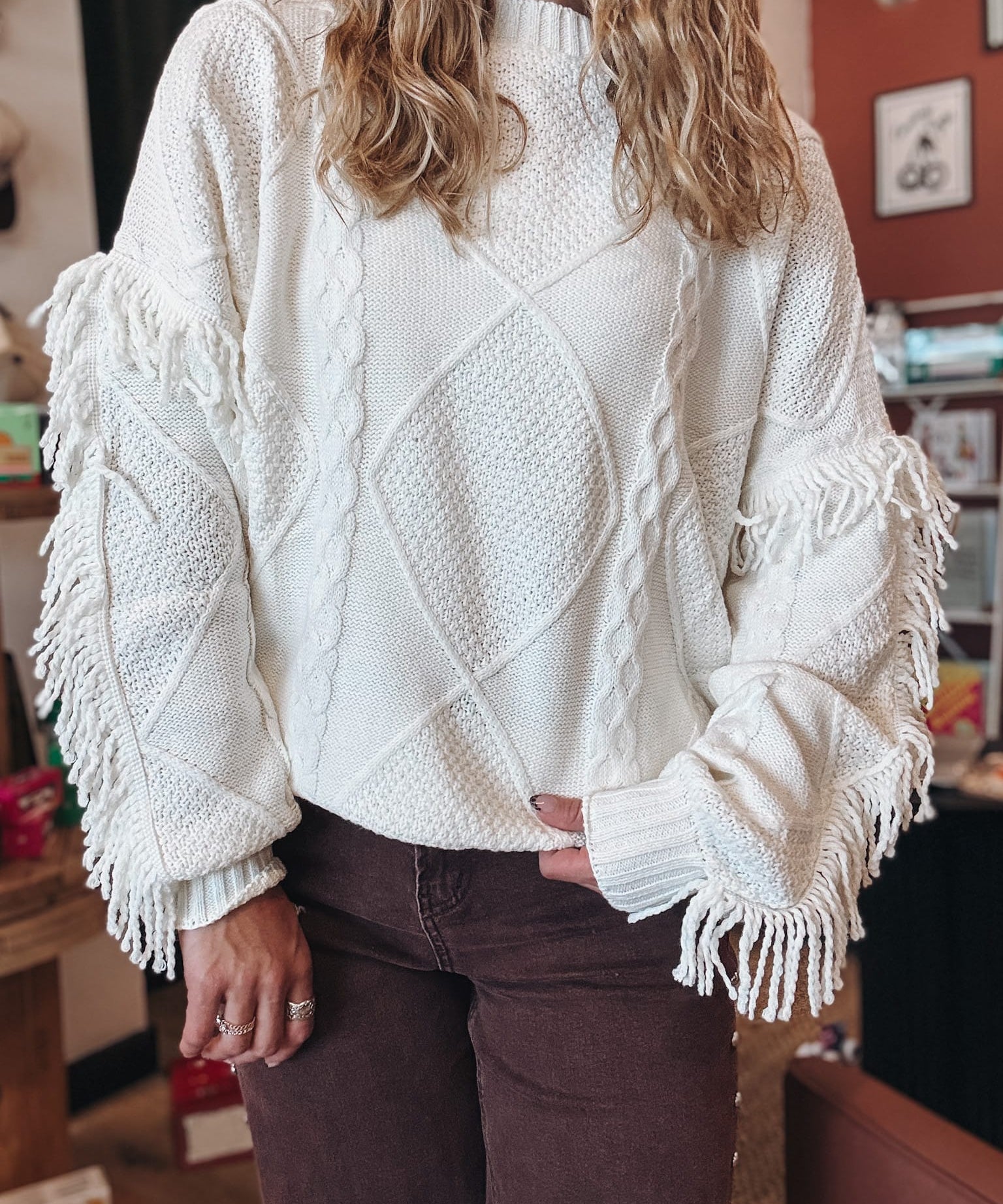 Sweaters Fringe Detail Mixed-Knit Cable Sweater Raising Brave Boutique