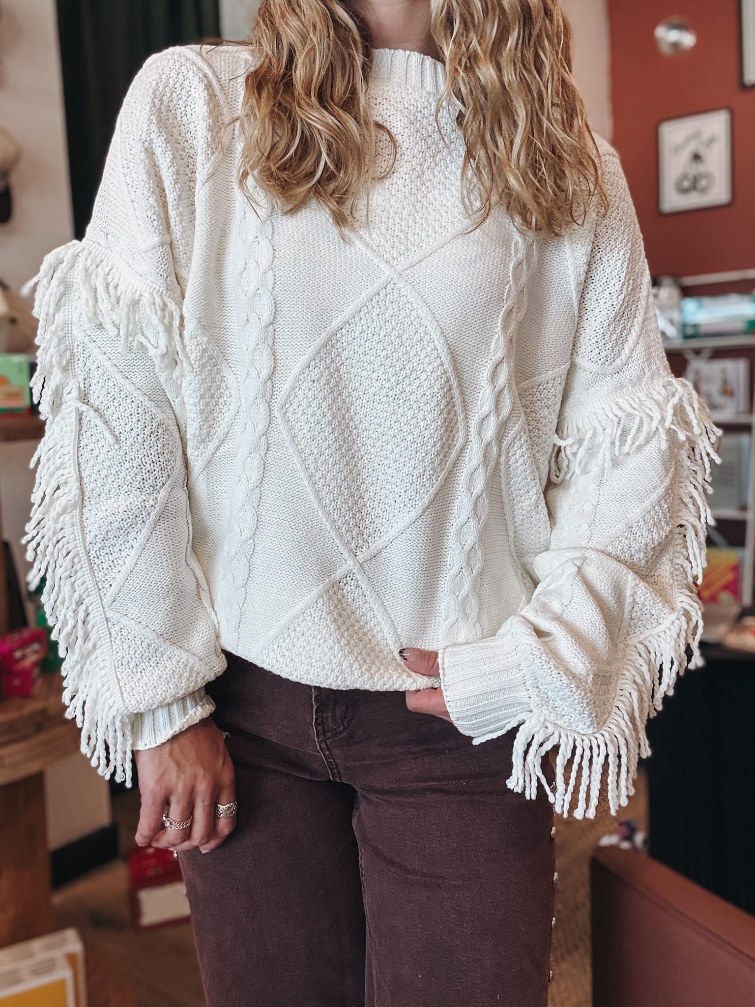 Sweaters Fringe Detail Mixed-Knit Cable Sweater Raising Brave Boutique