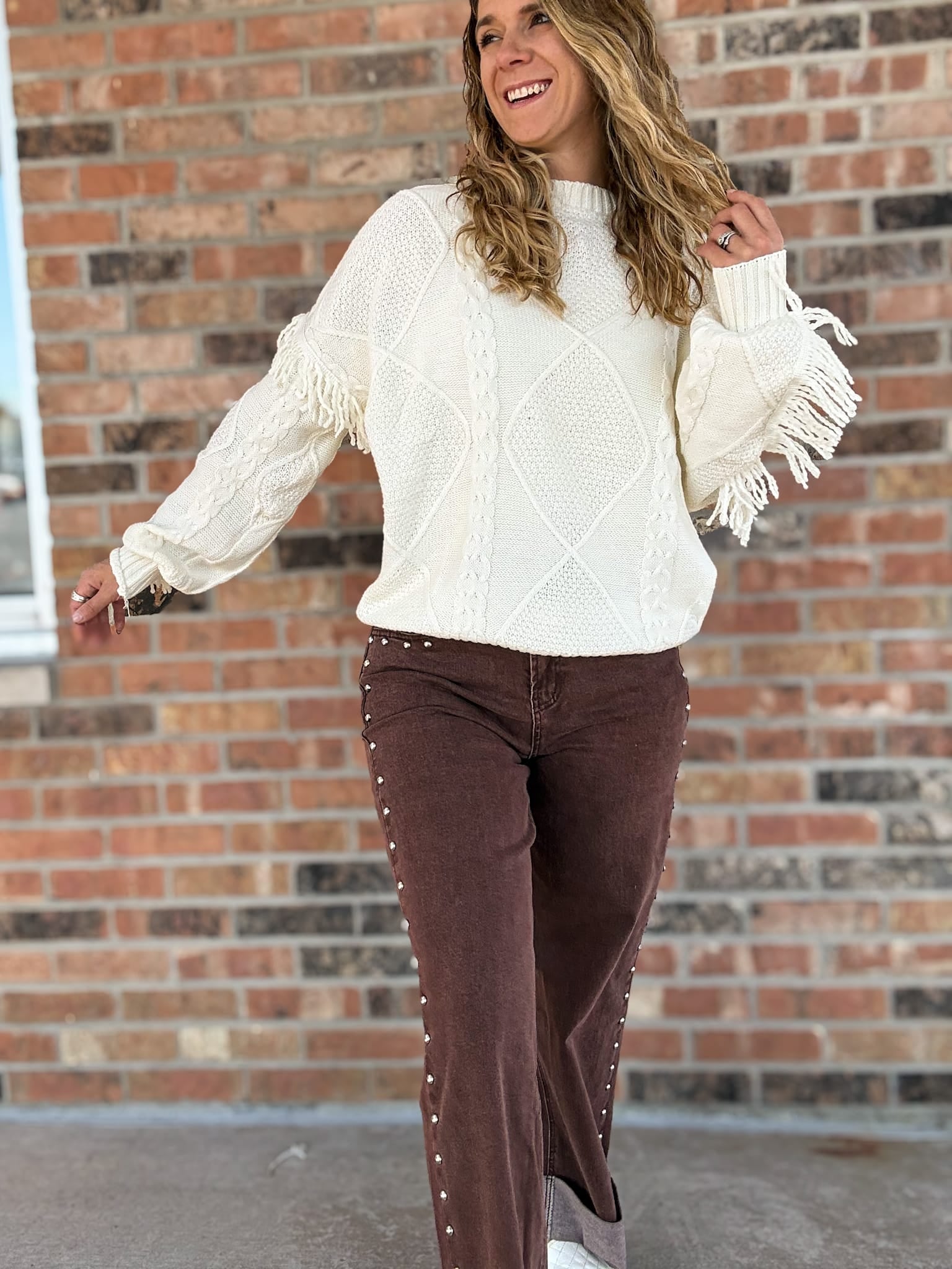 Sweaters Fringe Detail Mixed-Knit Cable Sweater Raising Brave Boutique
