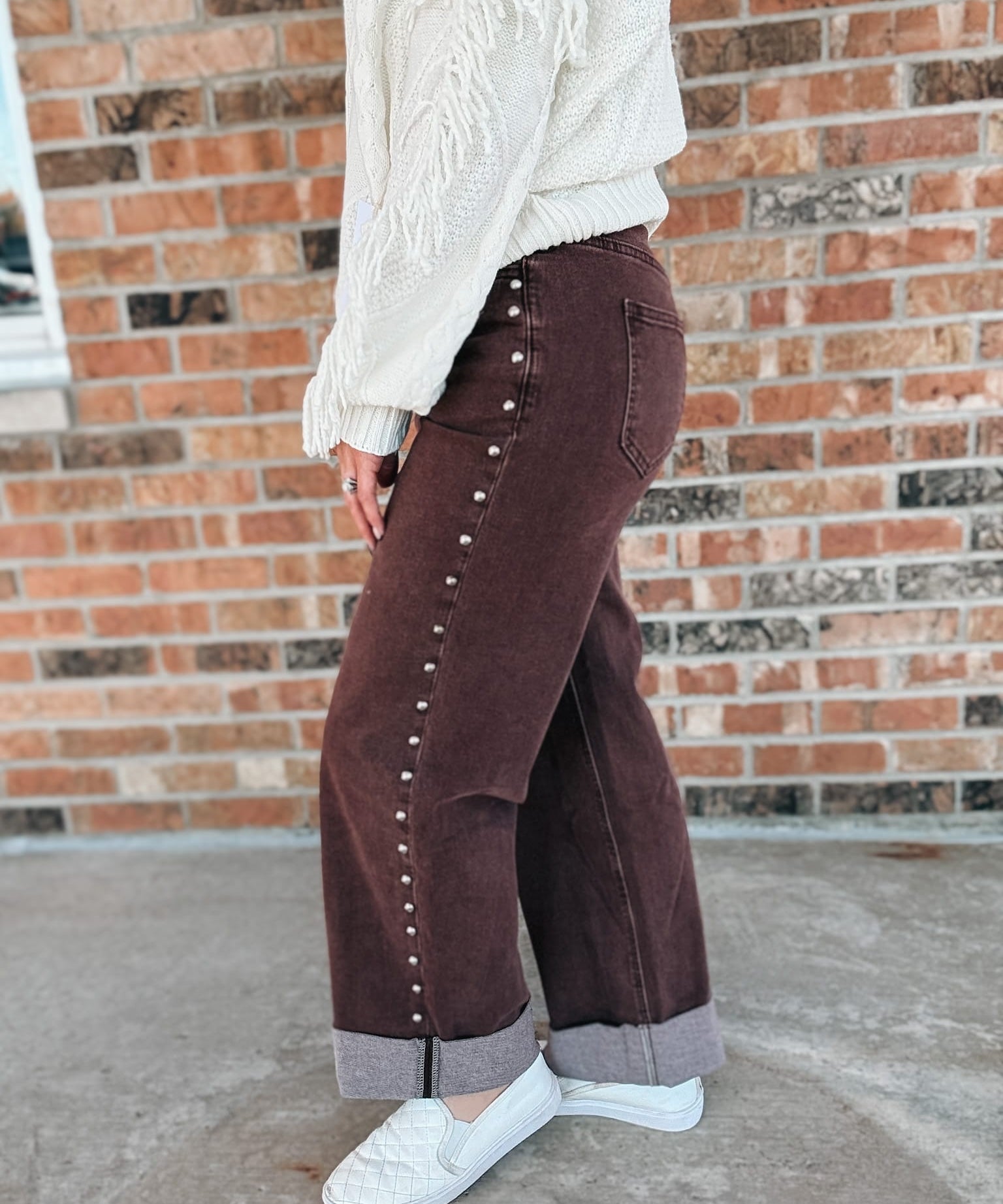 Denim Espresso Studded High Waisted Jeans Raising Brave Boutique