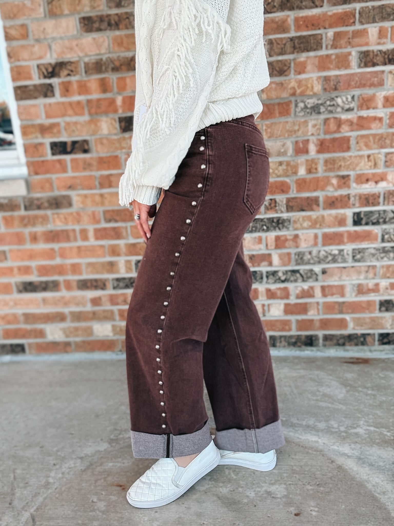 Denim Espresso Studded High Waisted Jeans Raising Brave Boutique