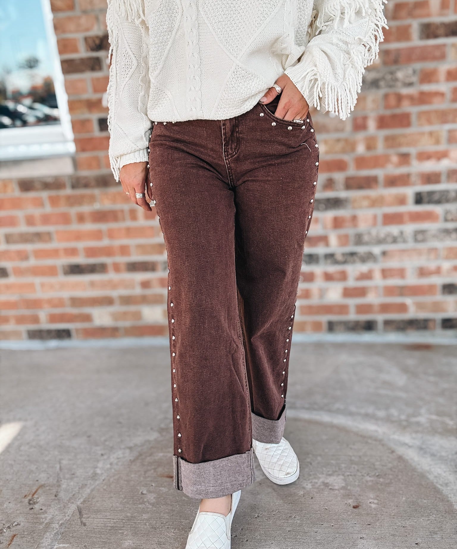 Denim Espresso Studded High Waisted Jeans Raising Brave Boutique