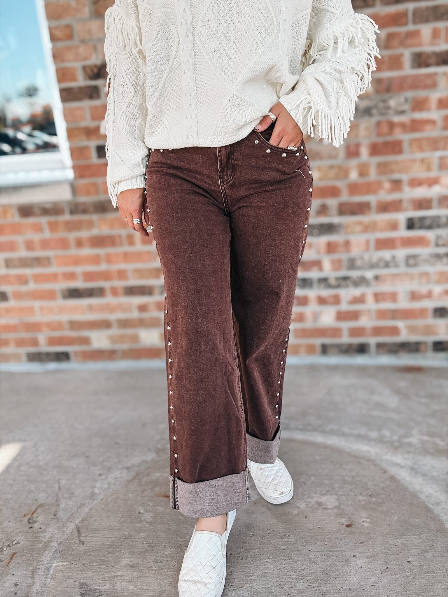Denim Espresso Studded High Waisted Jeans Raising Brave Boutique