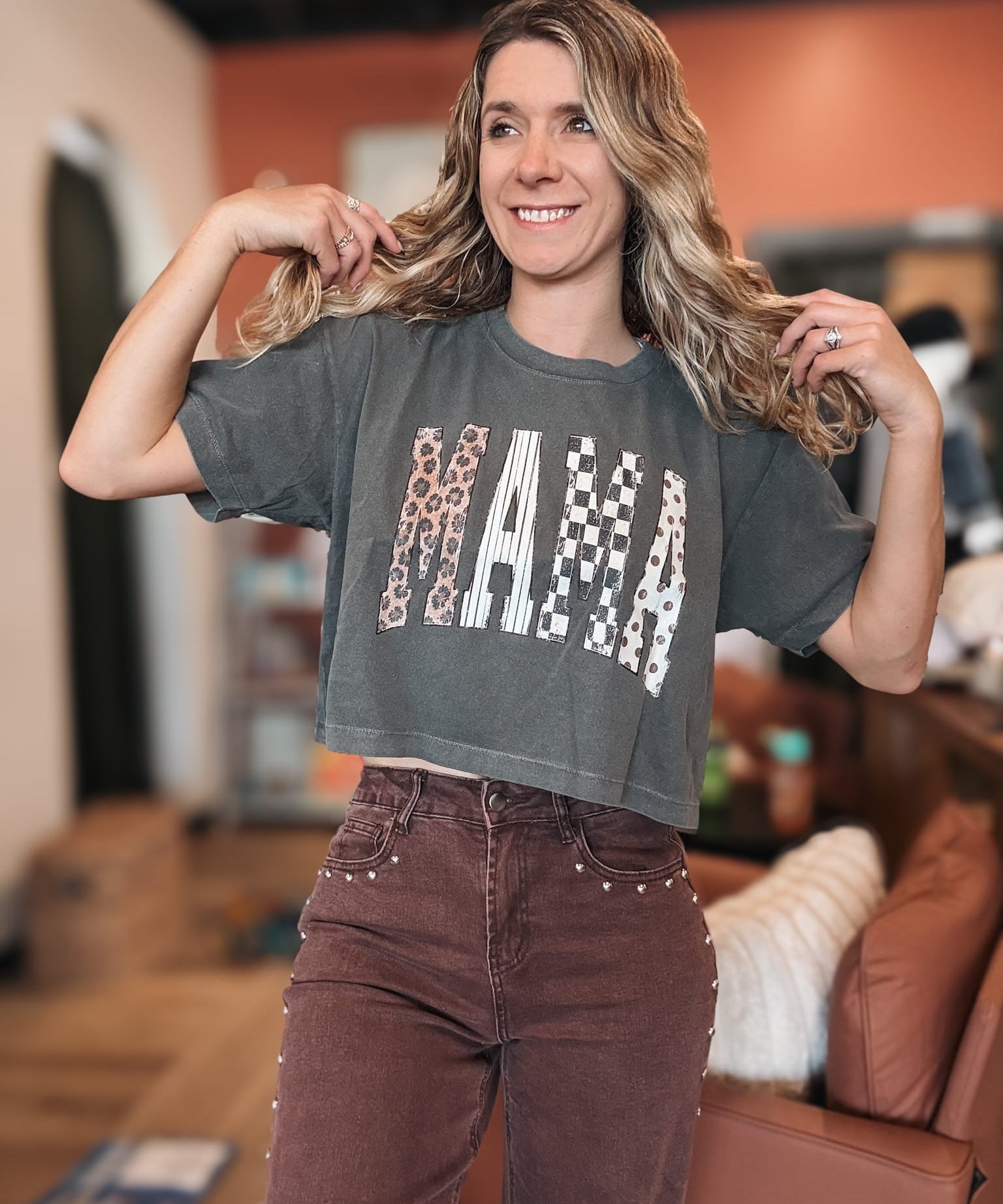 Women's Tees Mama Print Washed Crop Top Raising Brave Boutique