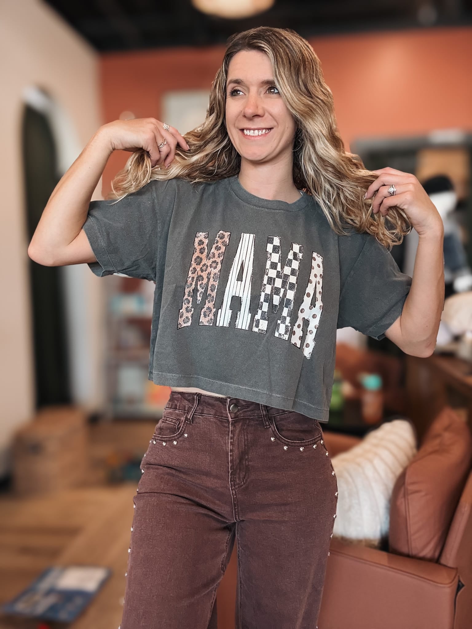 Women's Tees Mama Print Washed Crop Top Raising Brave Boutique