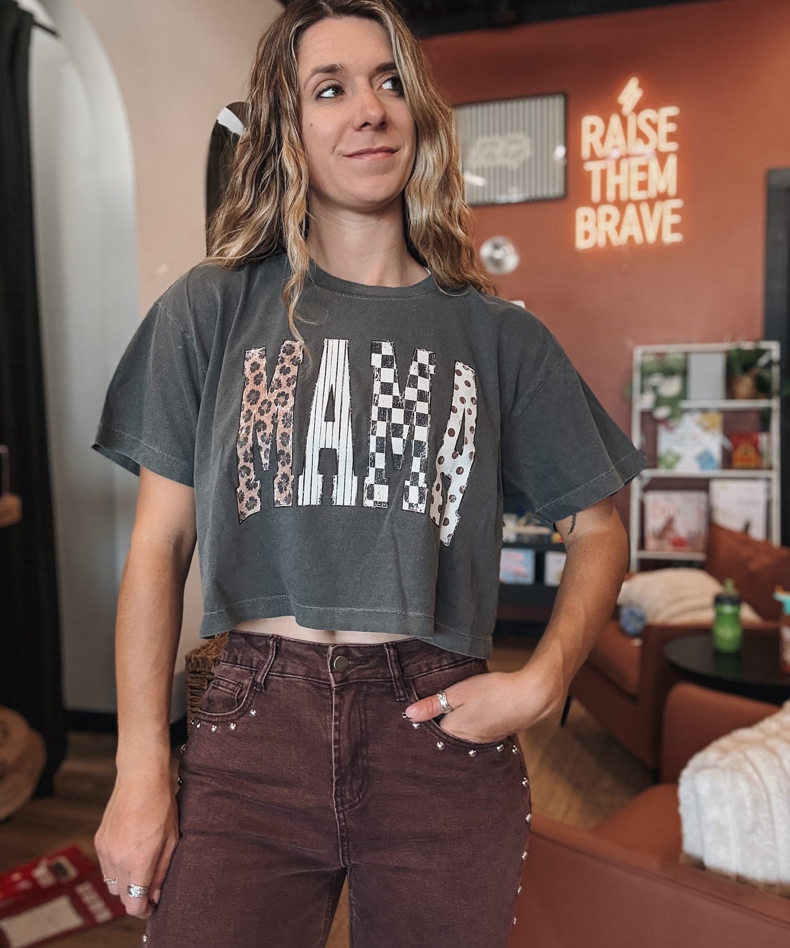 Women's Tees Mama Print Washed Crop Top Raising Brave Boutique